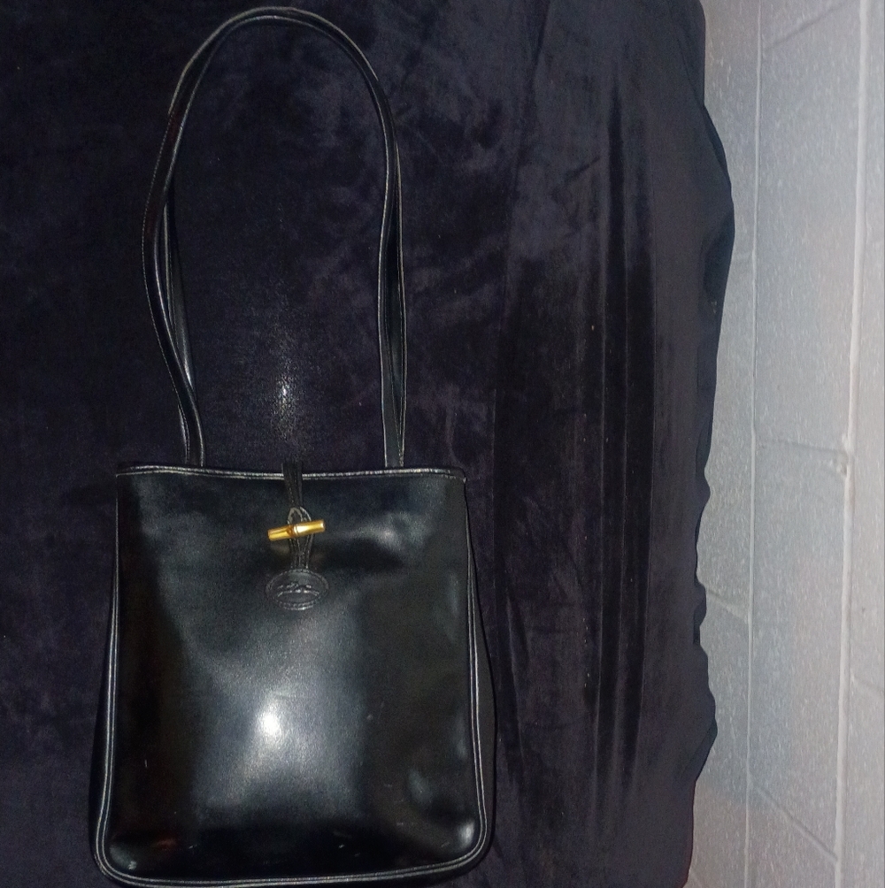 Longchamp Vintage Roseau Black Box Leather Bamboo Toggle Large Tote Shoulder Bag